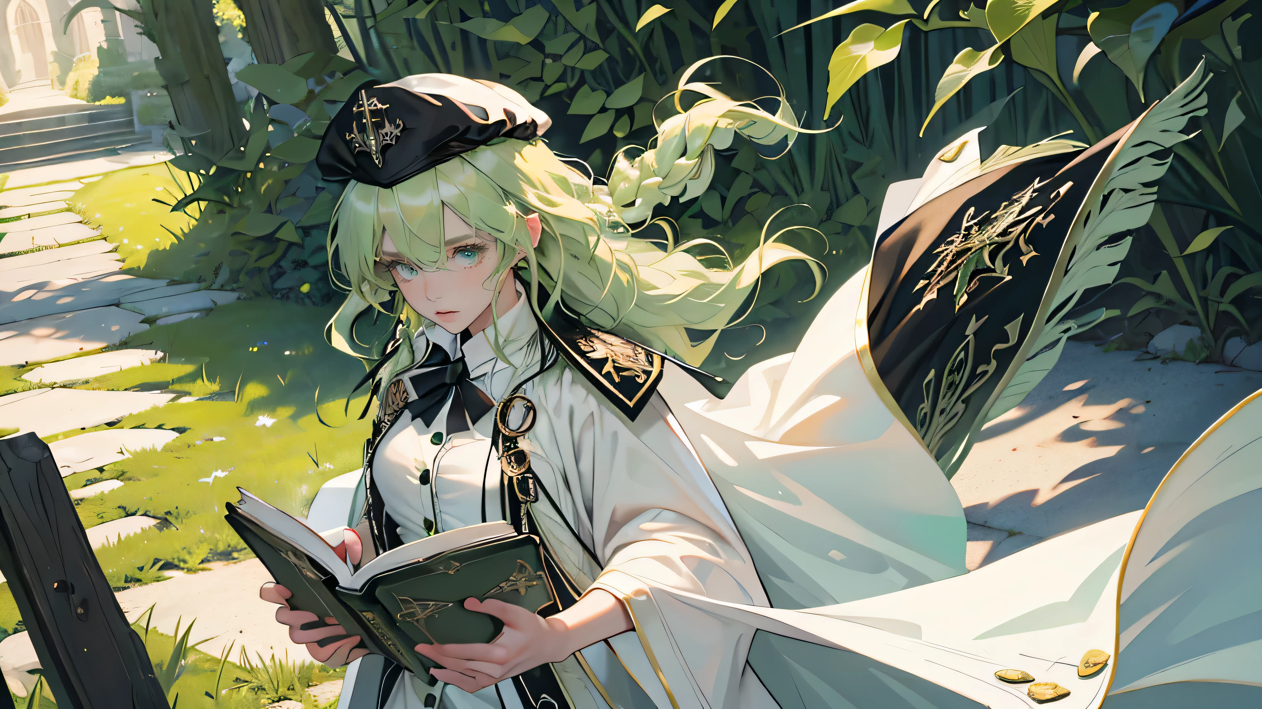 masterpiece, ultra detailed, 8k portrait, RAW photo, portrait photography, highly detailed face, beautiful and meticulous eyes, ((Fantasy)), Young beautiful, 22 years old, (((drooping eyes))), dynamic pose, (((Medium wavy light green hair))), ((braided twin tail)), parted bangs, White skin color, Luxury, (((black mortarboard cap))), (((white silk long cloak))) fluttering in the wind, (((many buttons Shirt dress))), (((black shorts))), high cut leather boots, ((holding magic book)), Midday Sun, hyper realistic, Body model, Small breasts, Beautiful breasts, Long legs, in the castle, Ambient lighting, Shadow details , Camera focus on thigh, strong breeze, Light fog