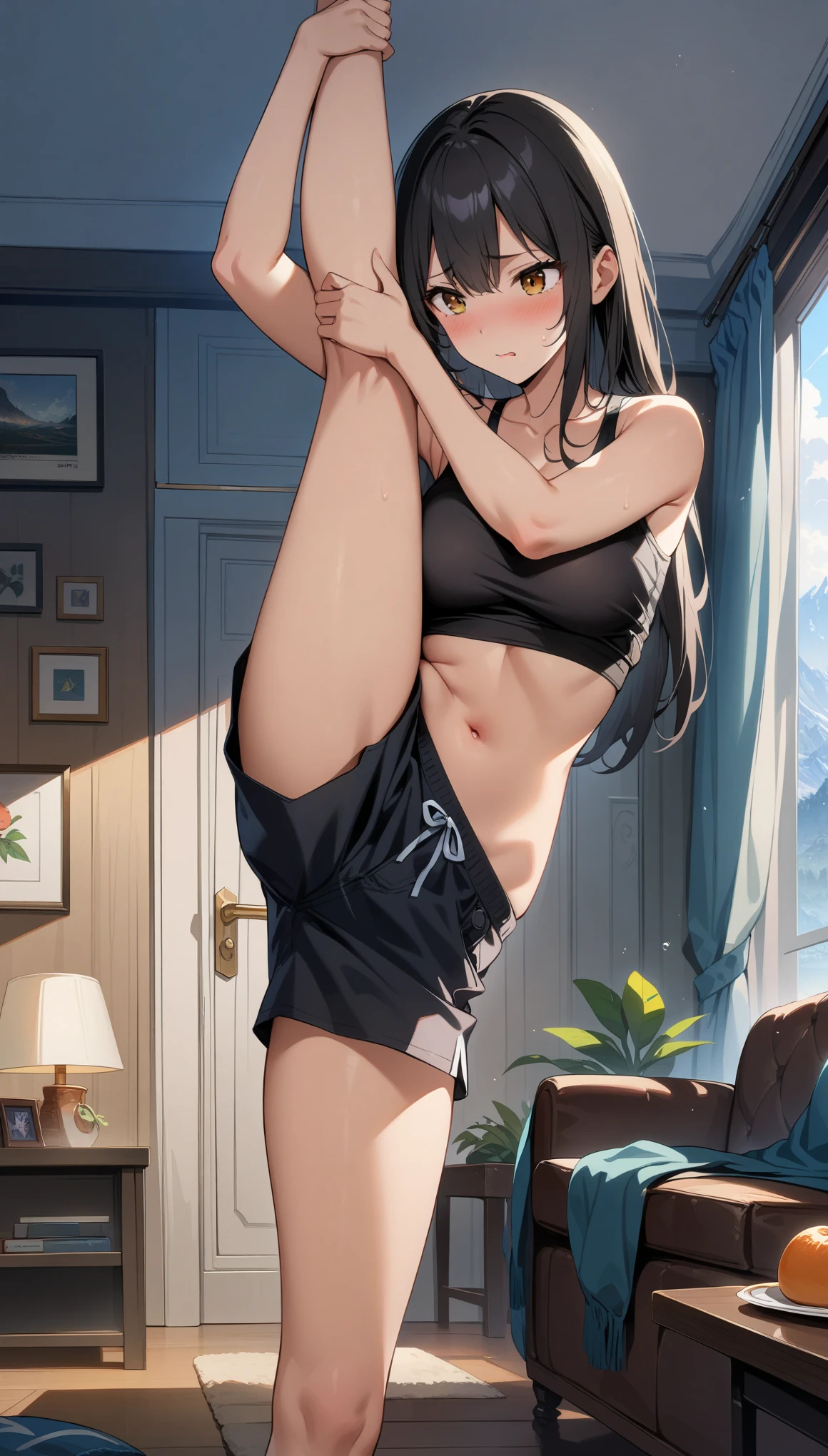 ((32k)), ((best quality)), ((ultra high res)), ((HDR)), ((UHD)), ((extremely detailed CG)), ((unity 32k wallpaper)), (masterpiece, highest quality:1.2), 2 Girls, Girl, alone,Are standing_Split,
Yuuki eats, Long black hair, living room, Black tank top, black shorts, Embarrassed expression,