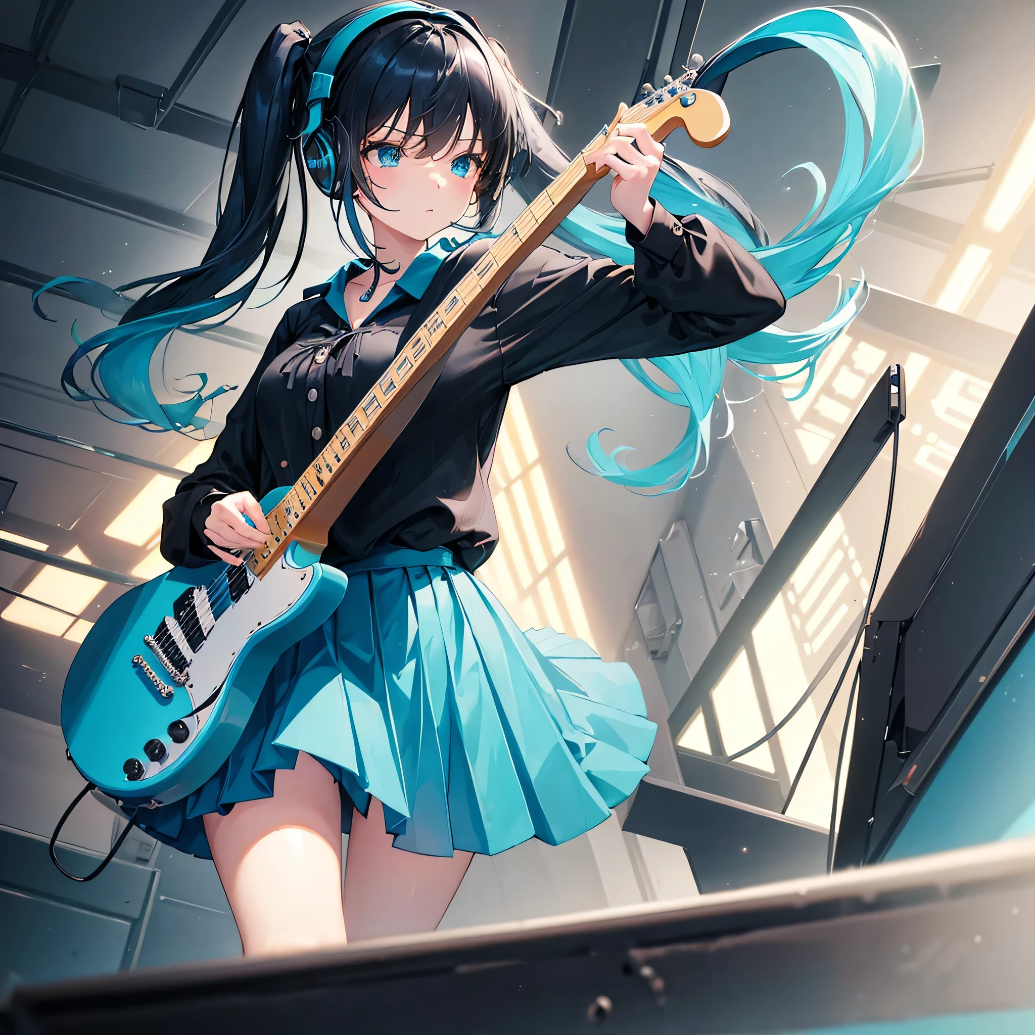 ((masterpiece, highest quality))One girl, alone, Black Dress, blue eyes, electric guitar, guitar, Headphones, Double Ponytail, Holding, Holding plectrum, musical instrument, Long Hair, music, One side up, Turquoise Hair, Twin tails, Playing guitar, Pleated skirt, Black Shirt, interior