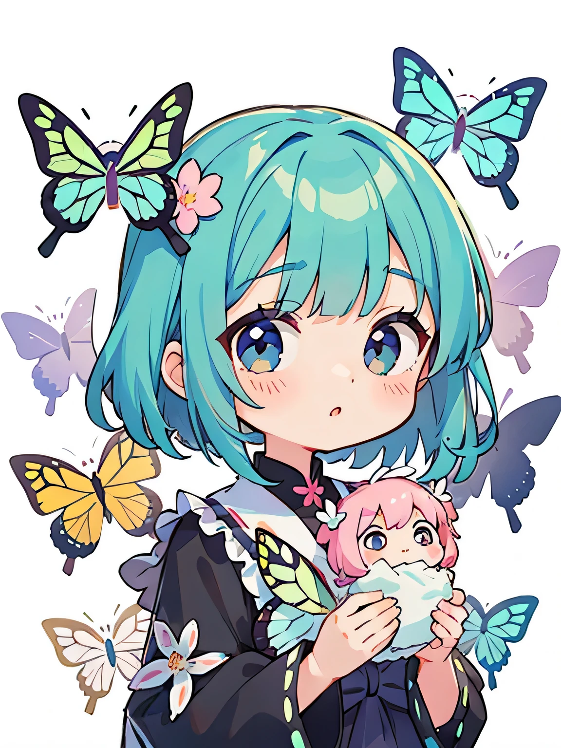 Momoko Sakura style, Kawaii Design, most beautiful girl ever、Chibi, Colorful bob hair、((Lots of friends))、(((white butterfly)))