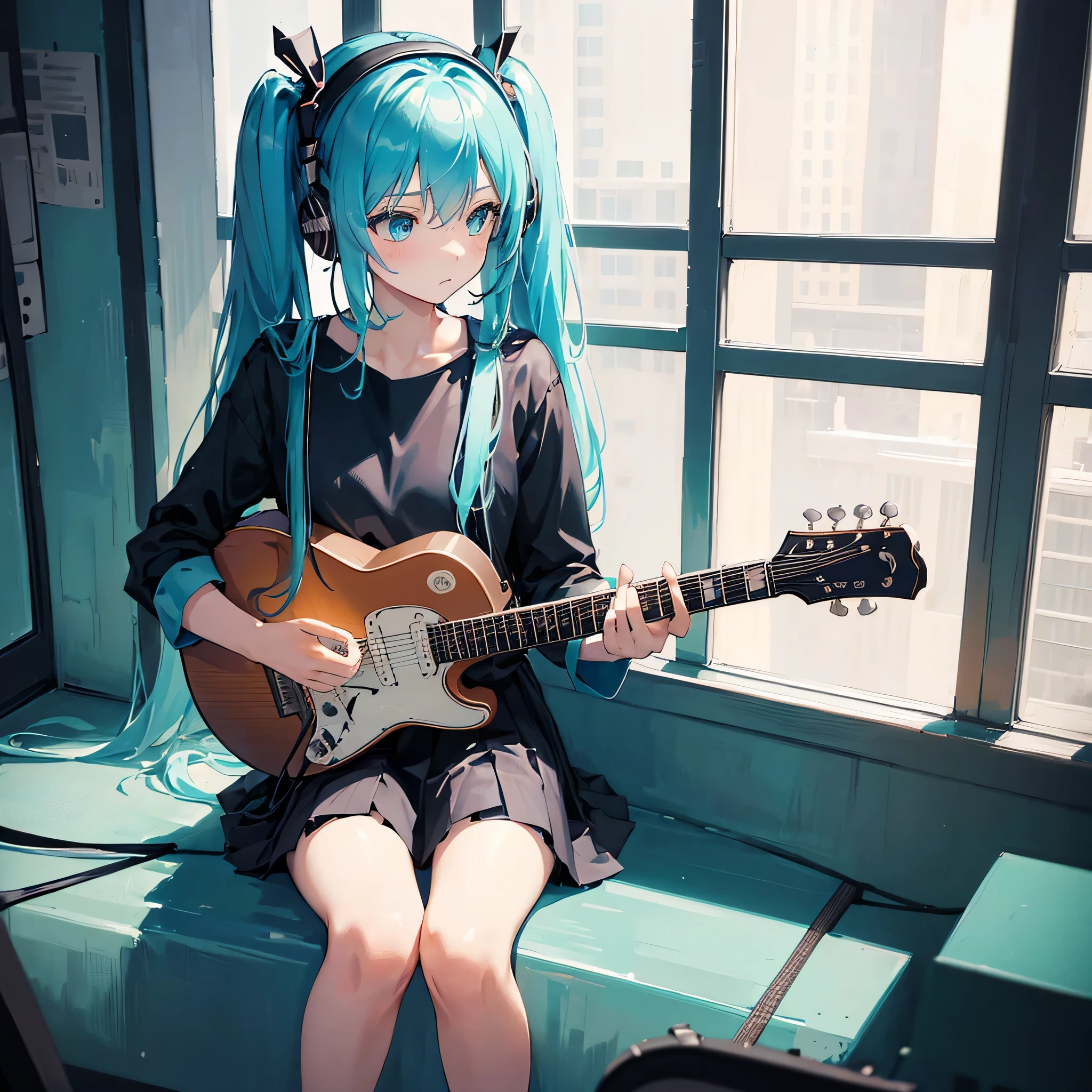 ((masterpiece, highest quality))One girl, alone, Black Dress, blue eyes, electric guitar, guitar, Headphones, Double Ponytail, Holding, Holding plectrum, musical instrument, Long Hair, music, One side up, Turquoise Hair, Twin tails, Playing guitar, Pleated skirt, Black Shirt, interior