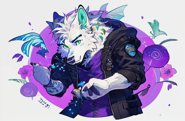 Gray Wolf，furry，Furry ears，The whole body is covered with hair，Green pupils，adventurer clothing，Holds a gun in his right hand，There is a black bracelet on the left hand，Handsome，A pocket watch is hung on the clothes