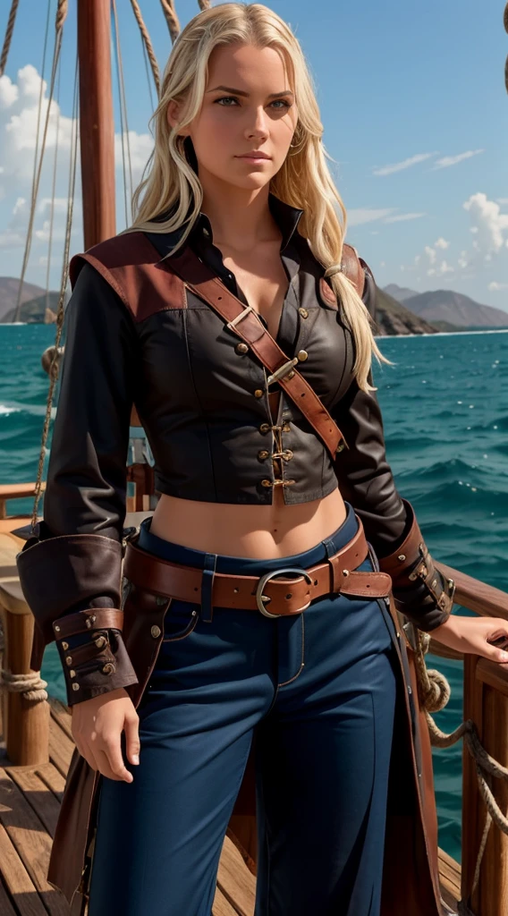 The well-trained young pirate captivates with an athletic, sun-kissed appearance. Her face carries a determined expression with dark, intense eyes, and her wavy, salt-bleached hair frames her naturally. The muscular body, shaped by seafaring adventures, boasts strong shoulders and arms, revealing both strength and agility.
In practical yet stylish attire, she wears a versatile pirate blouse, durable trousers, and sturdy leather boots. A belt with pockets holds essentials, complementing her accessories like a worn shield and sharp sword. Small treasures turned into jewelry adorn her, completing the look of this confident and independent sea adventurer.