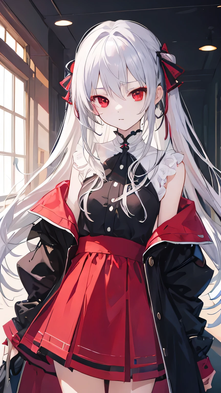 Silver hair, red eyes, cute human girl, anime girl, ((masterpiece))