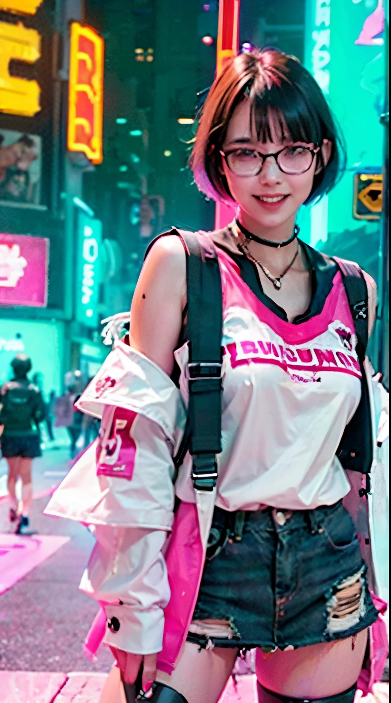 A colorful Bob cut haired punk canadian girl, smooth white skin, innocent look, 15 years old, wearing red glasses, Ultra high res, uhd, (photorealistic:1.4), cyberpunk outfit, ripped shirt, wink, smiling ear to ear, neon lighting, v-neck blouse, wearing skirt, cute pink backpack, colorful loose socks, full body shot, head to toe, fish eye lens, vogue pose, modelling,