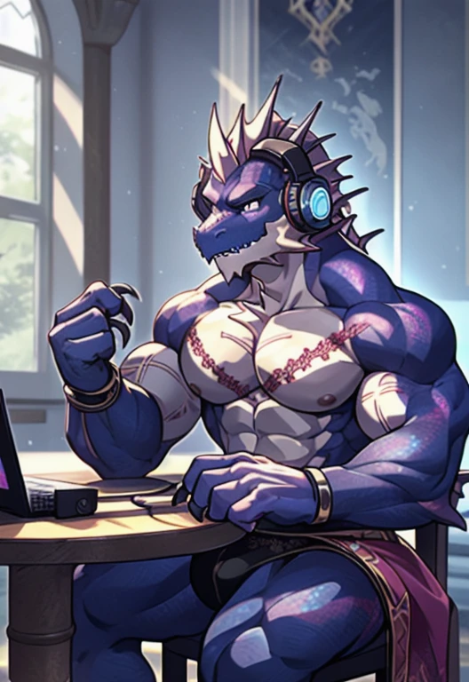 dragon,Anthropomorphic male dragon, Highlight the dragon angle,Highlight his muscular body and sharp claws, Showing the outline of the chest, abdomen, Stretch and Elegance, Delicate lace pattern glitters in the light. Keep your eyes on the screen，Play games with headphones，sit at the table，The background is the scene of the e-sports competition。dragon&#39;Tail, Long-lasting and powerful, 他sit at the table，Playing games with headphones on，Keep your eyes on the screen，Emphasizes his charming masculinity. dragon&#39;Keep your eyes on the screen，Play games with headphones，sit at the table，The background is the scene of the e-sports competition。