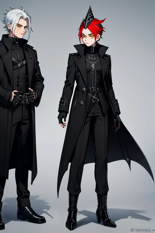 male, (((1boy))), (((long black coat with metal studs))), (black pants), (grey metal greaves), (black boots), (black fingerless gloves), (white mask with yellow markings), (red headdress), long legs