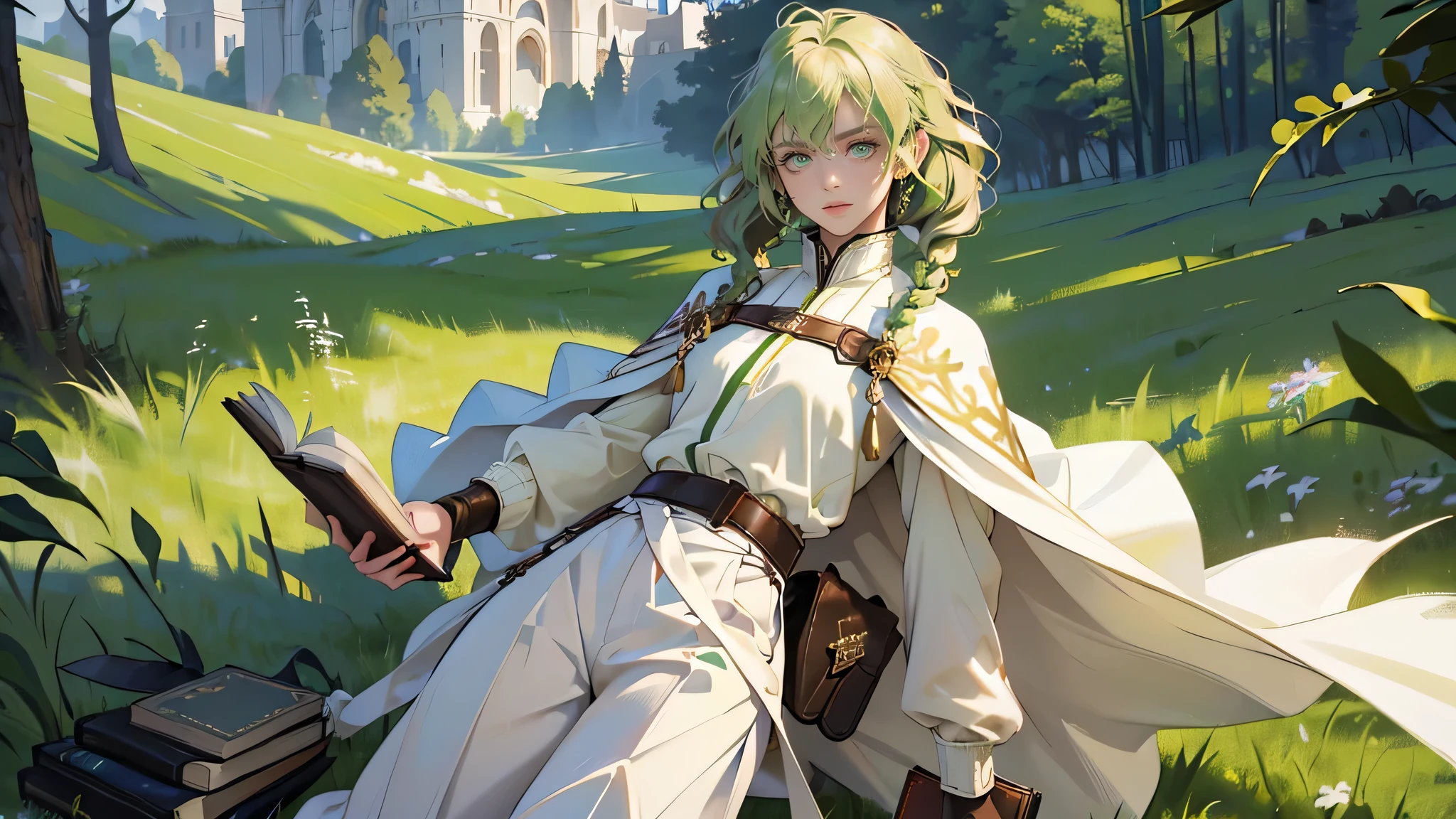 masterpiece, ultra detailed, 8k portrait, RAW photo, portrait photography, highly detailed face, beautiful and meticulous eyes, ((Fantasy)), Young beautiful, 15 years old, (((drooping eyes))), dynamic pose, (((short wavy light green hair))), ((braided twin tail)), parted bangs, White skin color, Luxury, (((white tunic))), ((((brown wide pants)))), (((brown cape))), (((little waist hip pouch))), high cut leather boots, ((holding magic book)), Midday Sun, hyper realistic, slender body, flat chest, Long legs, on the medieval road, Ambient lighting, Shadow details , Camera focus on face, strong breeze, Light fog