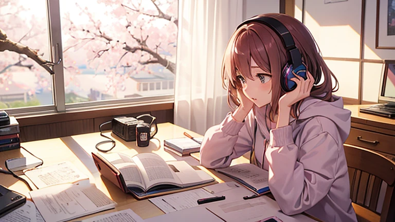 Girl studying while listening to music with headphones in her room Warm lighting There are cherry blossoms outside the room. Japanese anime style