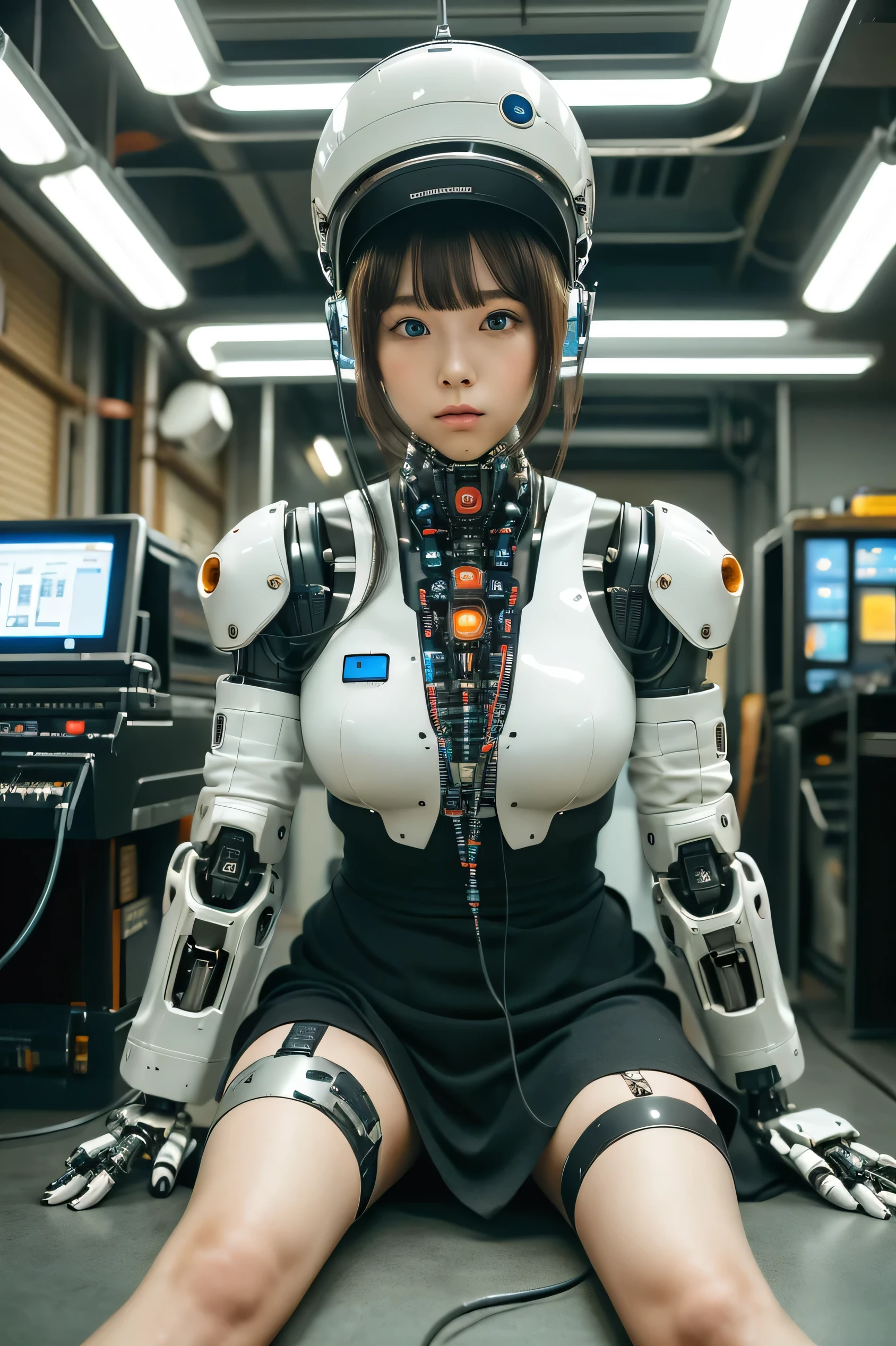 masterpiece, best quality, extremely detailed, Japaese android girl,portrait,Plump,a bit chubby,control panels,android,Droid,Mechanical Hand, Robot arms and legs,Blunt bangs,perfect robot girl,long tube,thick cable connected her neck,android,robot,humanoid,cyborg,future laboratory,robot laboratory,maintenance,connecting a cable between the legs,skirt, She is charging now,blue eyes,