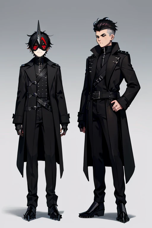 male, (((1boy))), (((long black coat with metal studs))), (black pants), (grey metal greaves), (black boots), (black fingerless gloves), (white mask with yellow markings), (red headdress), long legs