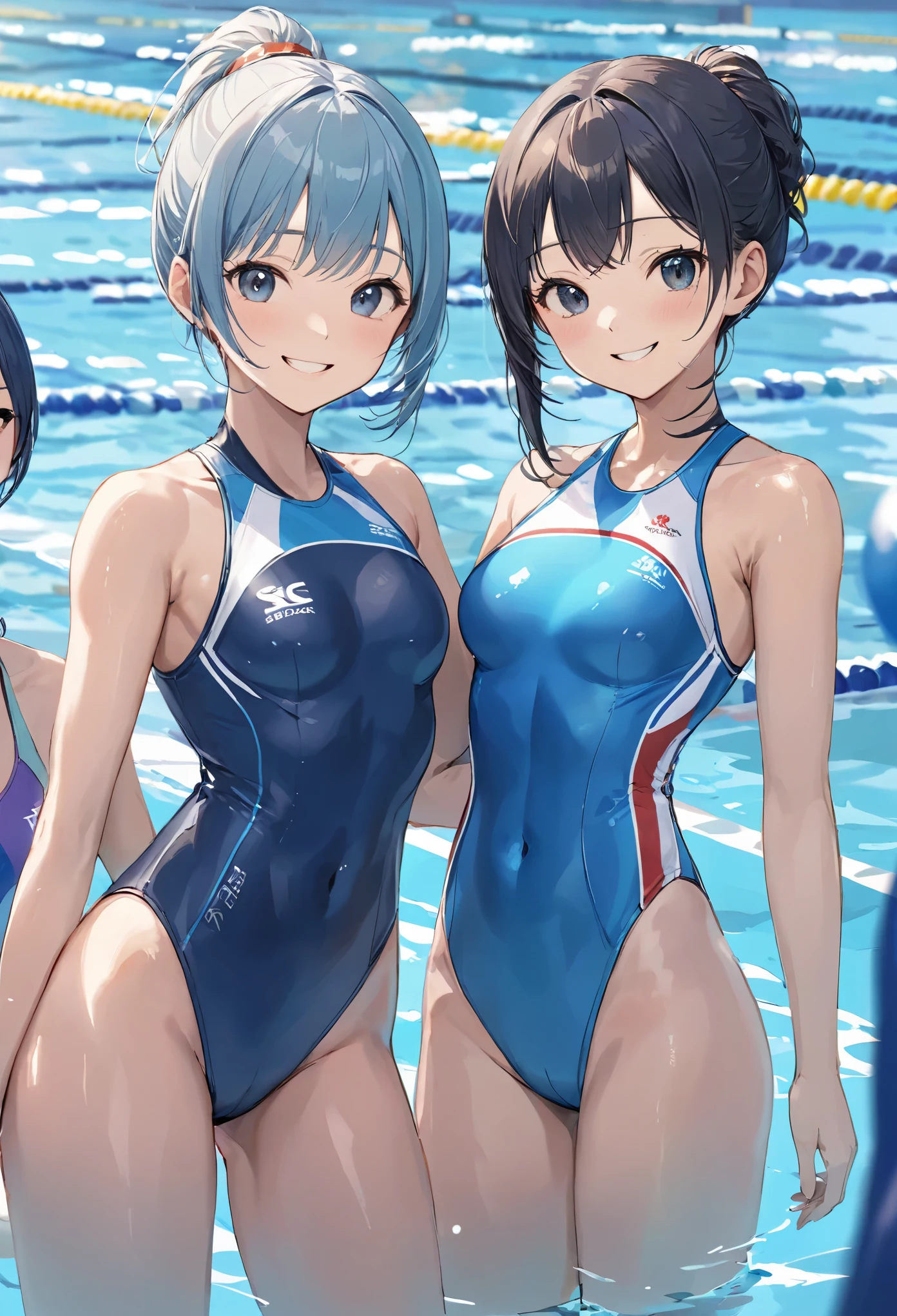 masterpiece、highest quality、High resolution、Two realistic girls、Competitive swimmer、Close-up of a person、Wearing a blue bodysuit、During Competitive swimmerics competitions、smile、Swimming Venues、sexy competitive swimwear