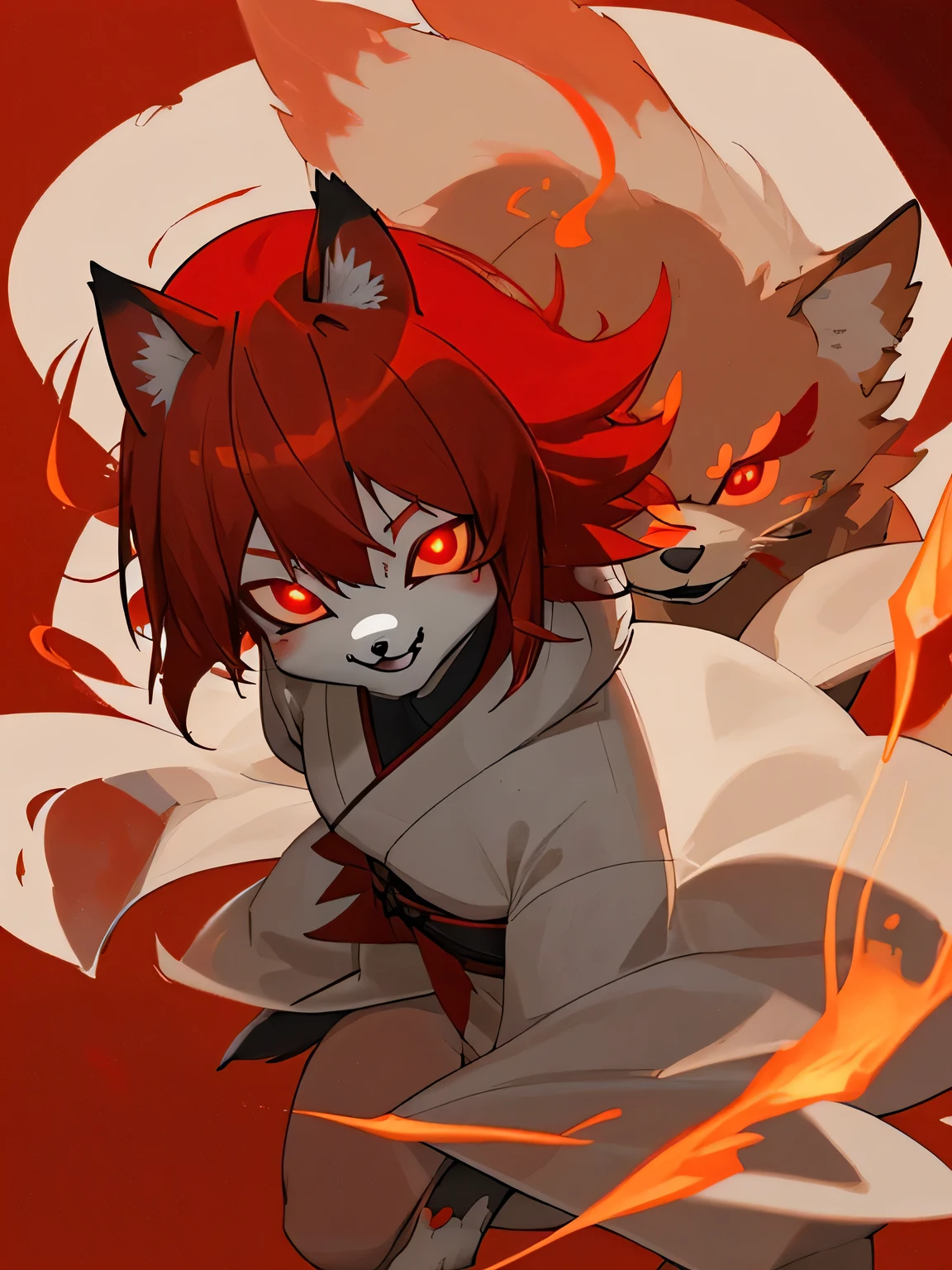 Crimson fur juvenile,canid,Vermilion short kimono,red glowing eyes,Fearless smile,Cool scene,View from above,Cute design,Flaming Ball,Furry,juvenile,Furry,Red Hair