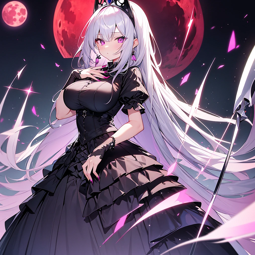 4K、Super detailed、Silver Hair、Slanted Eyes、Pink Eyes、fair skin、Black and purple gothic dress、princess、Has a big scythe、big breasts、Standing under the red moon、red nails、Full Body、high quality、High resolution