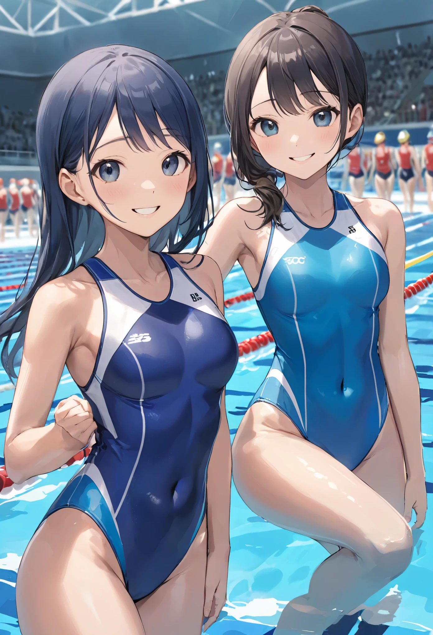 masterpiece、highest quality、High resolution、Two realistic girls、Competitive swimmer、Close-up of a person、Wearing a blue bodysuit、During Competitive swimmerics competitions、smile、Swimming Venues、sexy competitive swimwear