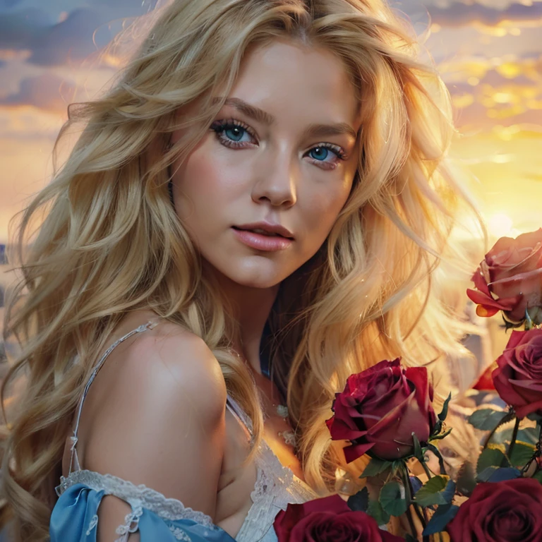 Painting of a woman with long blonde hair and blue eyes, holding a bouquet of roses., Karol Buck, Beautiful art, UHD, beautiful digital art, detailed painting 4k, beautiful gorgeous digital art, beautiful digital painting, realistic digital art, realistic digital art, gorgeous digital painting, high detailed digital art 