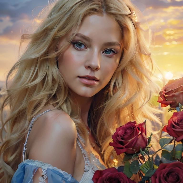 Painting of a woman with long blonde hair and blue eyes, holding a bouquet of roses., Karol Buck, Beautiful art, UHD, beautiful digital art, detailed painting 4k, beautiful gorgeous digital art, beautiful digital painting, realistic digital art, realistic digital art, gorgeous digital painting, high detailed digital art