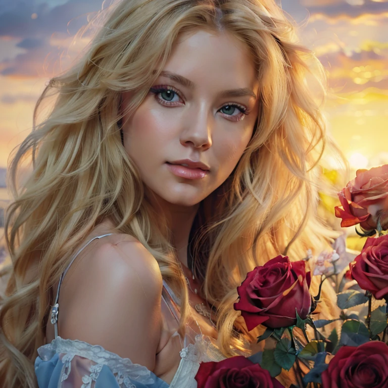 Painting of a woman with long blonde hair and blue eyes, holding a bouquet of roses., Karol Buck, Beautiful art, UHD, beautiful digital art, detailed painting 4k, beautiful gorgeous digital art, beautiful digital painting, realistic digital art, realistic digital art, gorgeous digital painting, high detailed digital art 