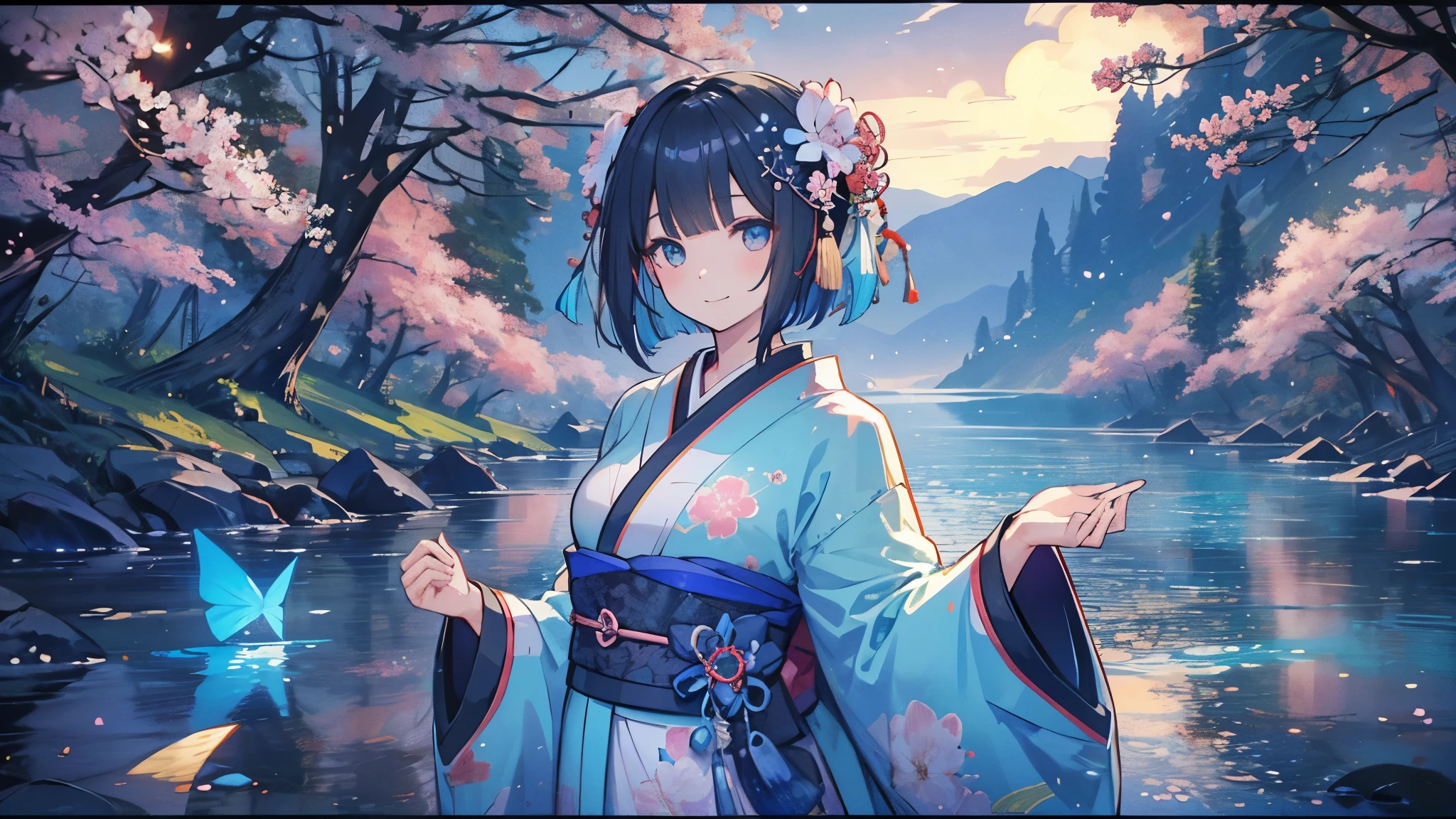 (8K, best picture quality, highest quality, masterpiece) Super detailed, whole limbs, hidden hands, 1 girl, alone, there is a glowing aura around her, bob cut, princess cut, black hair, finely drawn eyes and detailed face, eye reflection, bangs, hair ornament, long sleeves, long kimono, kimono, hair flowers, wide sleeves, Japanese clothes, floral pattern on kimono, there is a very large moon in the background, under the stars, moonlight illuminated by, night sky drawn from a certain angle, looking at the camera, beautiful illumination, background of colorful butterflies blushing, smiling, cherry blossoms at night, hiding hands