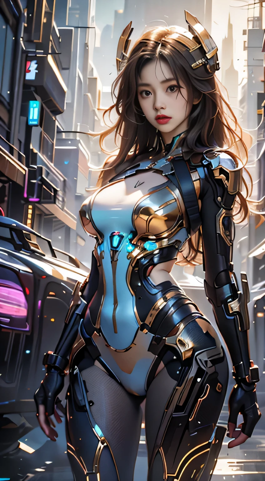 Virtual image,Realistic 8K images,hips up,Masterpiece,Complete Anatomy,Complete dynamic composition,morning sun,Light hits the front,young woman with long brown hair,cybernetic robot,Bikini body - white_orange_gold_metal,,white tank top,Abstract city background at night
