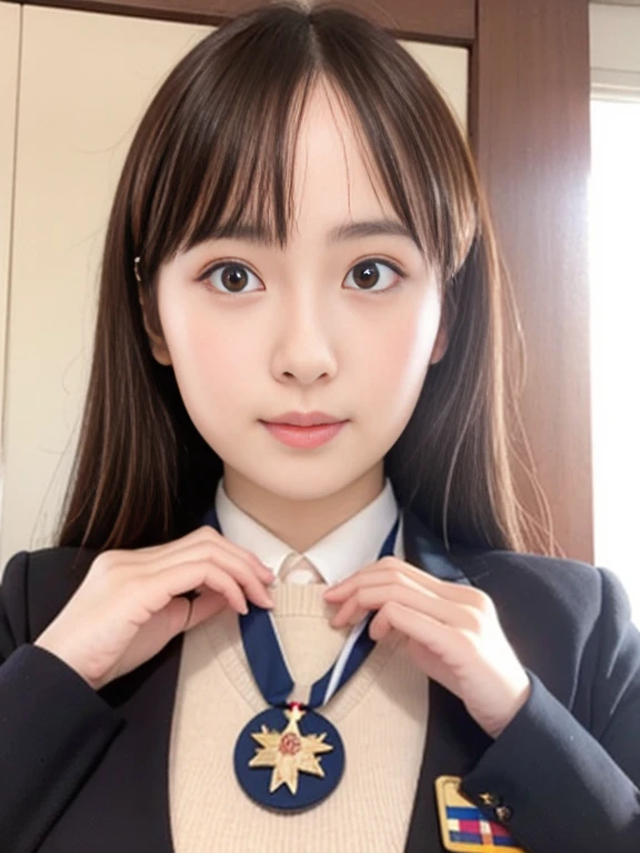 salute to the camera、Navy uniform、Wearing a medal、Japanese women,whole body、mini skirt、 Very beautiful face, A lovely and delicate face, Beautiful girls, Beautiful realistic face,  