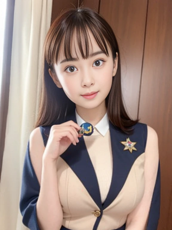 salute to the camera、Navy uniform、Wearing a medal、Japanese women,whole body、mini skirt、 Very beautiful face, A lovely and delicate face, Beautiful girls, Beautiful realistic face,  