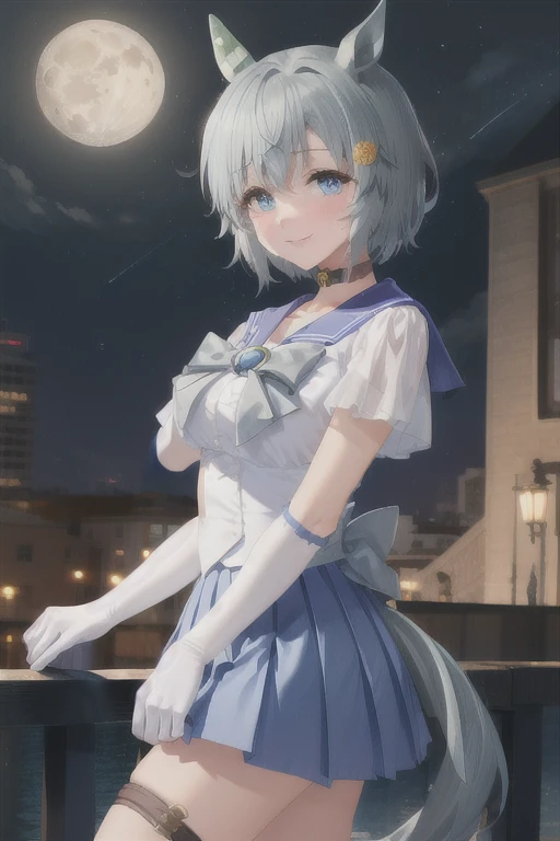 masterpiece, best quality, highres, absurdres, ultra detailed, Seiun Sky (umamusume), pretty eyes, mer1, tiara, sailor senshi uniform, blue sailor collar, bow, knee boots, choker, white gloves, blue choker, elbow gloves, jewelry, earrings, blue skirt holding breast, blushing, cowboy shot, night, outdoors, moon, smile, city,