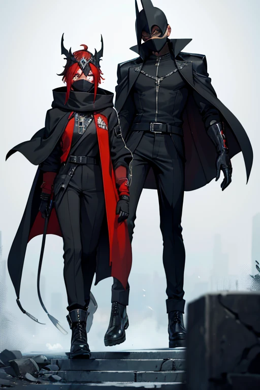 male, (((1boy))), (((long black coat with metal studs))), (black pants), (grey metal greaves), (black boots), (black fingerless gloves), (white full face mask with yellow markings), (red headdress), long legs
