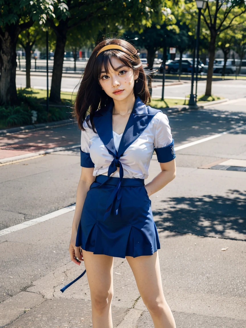 (1 lady), (Best quality at best:1.4), (ultra - detailed), (extremely detailed CG unified 16k), A Beautiful Woman with Perfect Figure: 1.4, Sharp Focus: 1.2, very detailed, High-definition RAW color photo, professional photoshooting, amazing face and eyes, cosmetics, (amazingly beautiful girl), ((suzumiya haruhi)), ((kita high sch0ol uniform, blue sailor collar, blue skirt, armband, hairband, medium hair, ribbon, socks)), standing posture, (look from down), realistic cinematic face, head to feet long wide zoomed out view, full body long view, photorealistic, ((realistic natural caramel brown hair style, brown eyes)), gorgeous, extremely beautiful face, perfect model beauty, pout mouth, Highly Detailed Face and Skin Texture, Detailed Eyes, Double Eyelids, Medium Breasts, joy expression, joyful face, cleavages, western, (masterpiece), best quality, high resolution, extremely detailed, depth of field, cinematic lighting, amazing legs, high heels, clear and well-cared skin, (background: nature, tree, park)