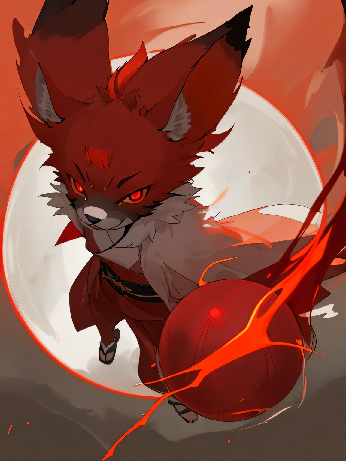 Crimson fur juvenile,canid,Vermilion short kimono,red glowing eyes,Fearless smile,Cool scene,View from above,Cute design,Flaming Ball,Furry,juvenile,Furry,Red Hair
