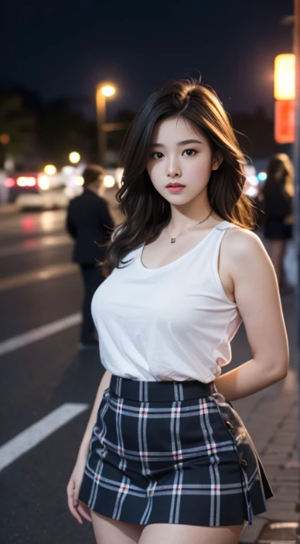 highest quality, masterpiece, Ultra-high resolution, (Realistic:1.4), RAW Photos, (Voluptuous body type), round face、Dynamic pose, One girl, (Full Figure:0.9), alone, Plaid microskirt, In the Dark, On the street at night, Deep Shadow, Modest, 