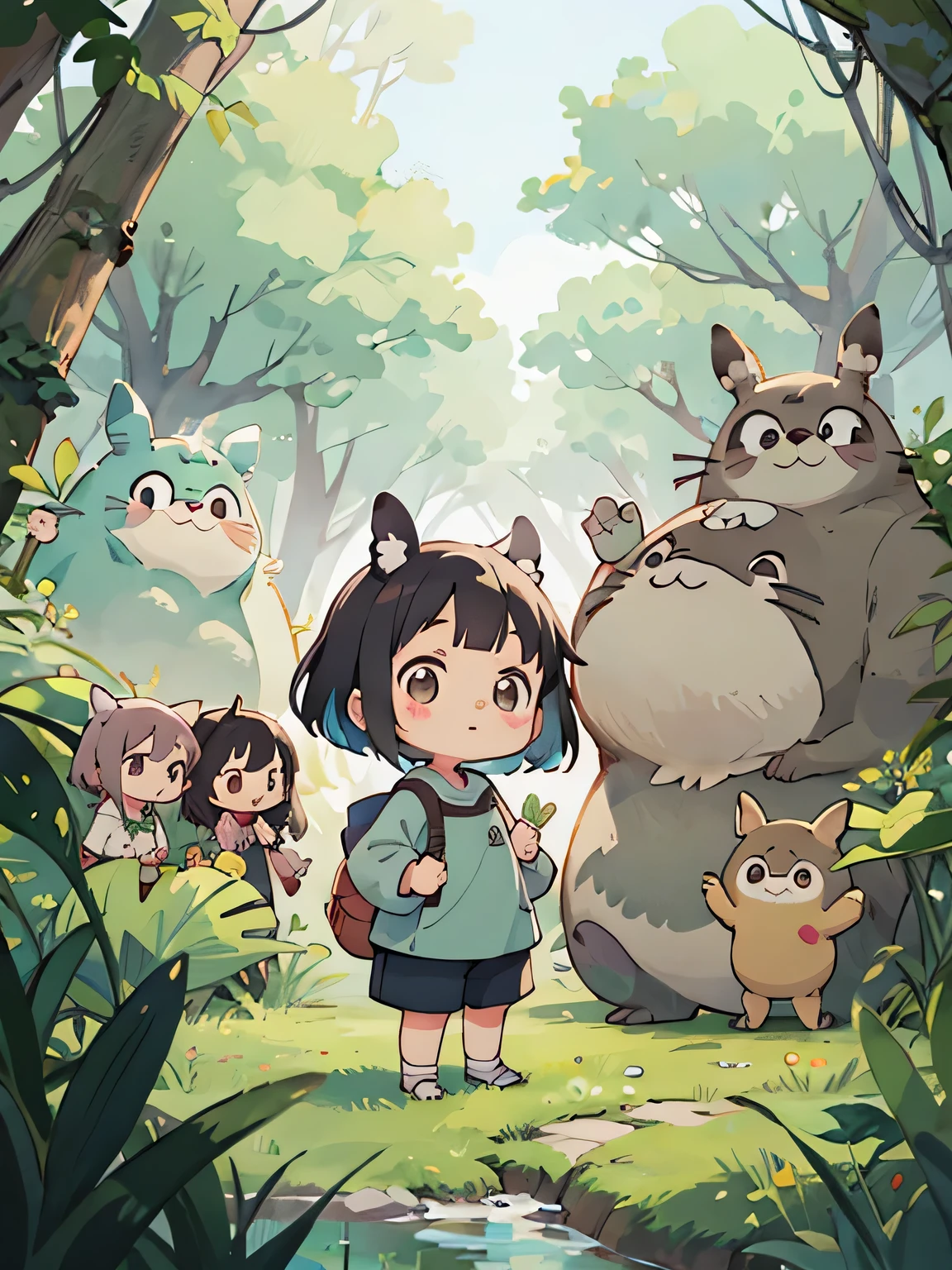 My Neighbor Totoro Style, Kawaii Design, (((10 people)))、most beautiful girl ever、Chibi, Colorful bob hair、((Lots of friends))、Totoro Forest