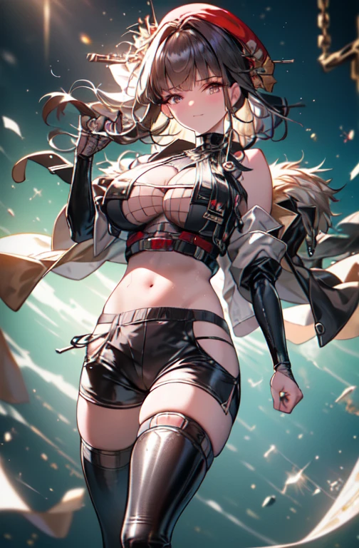 ubel,dark green hair,long hair,side ponytail,hair between eyes,bangs, (beret, black jacket, open clothes, cleavage, midriff, black shorts, black thighhighs, thigh strap, fingerless gloves, single glove:1.2), Photo,sharpness, F1.6 lens,hyper-realistic textures,spectacular light textures, Cinestil 800 Fashion Mechanics,(((Beautiful girl:1.1)),Appearance,Beautiful girl with accentuated slender abs: 0.8,six-pack abs: 1.0, Bust Botox,Standing on tiptoe, long legs,Long brown hair fluttering in the wind,Brown hair, Long hair, Female batle Costume,(No panties,No bra),(tacticul battle fashion, tacticul battle fashion, battle glove: 1.1),((cute batre costume)),The belly comes out and the navel is visible,Thin pubric hair, combat gloves,shredded costumes,cyber long combat boots with golden knee pads,Anatomical,(futuristic sci-fi battle fashion, new elbow and knee cyberpads, new cyberlong boots, new cybergloves: 1.1),(tied perfectly by iron chain), Restraint, Slave, collars, contempt, (Chained), 4 chains hung from heaven, Metallic shackles and fetters, wet crotch clearly visible,((Hands are restrained above the head)), the neck is chained,Chain from left knee to heaven,Chained by rusty iron chains,((the tip is protruding, areolas protruding,The shape of the pubic area is clearly visible:1.2)),Sweating,Wet,Wet crotch,Wet thighs,Junkyard, Realistic, (cute, perfect clothes, skimpy clothes, cute: 1.3) ,Vast miritary base in us,((wide mirtary hospital with summer sunlight)), peeling ceilings, Rebar between, Realistic material details, Extreme details, Ultra-realistic materials,narrow waist,(with sparkling eyes and a contagious smile:0.9),looking at viewer,
