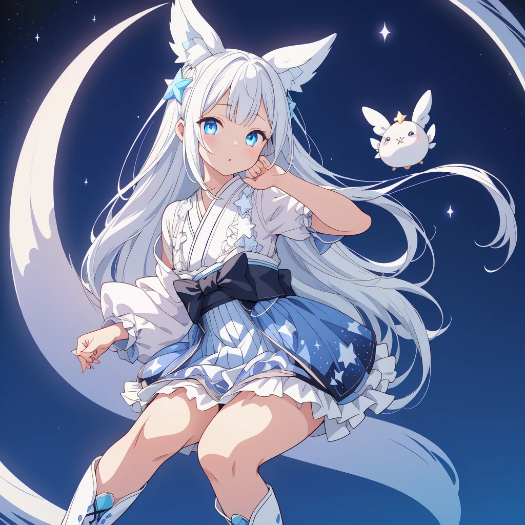 sitting on the crescent moon、A spaceship with a cute rabbit face、Star Fairy、(((1girl)))、lower body shot、Focus on boots、vtuber-halfbody、Star Fairy、「A beautifully printed galaxy patterned kimono and gothic lolita outfit.、Space pattern box pleated mini skirt with ruffles、front portrait、Knee-high boots、enchanting eyes、Perfect and stunning face、exquisite details、clear image、highest quality。」Milky white and blue gradient straight long hair、