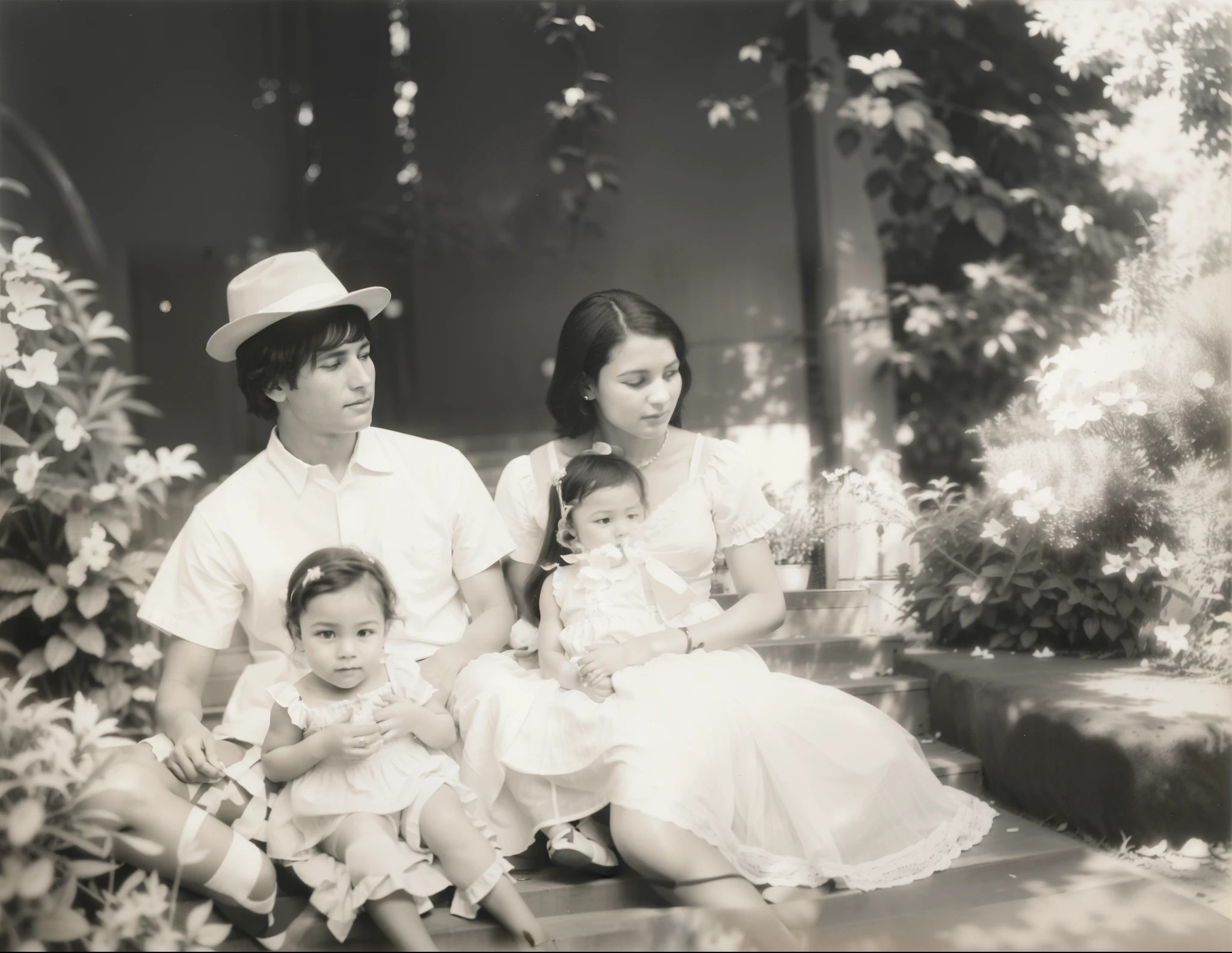 There are two people sitting on a staircase with two children, the black woman on the right of the photo has a black on her lap, the black man on the left of the photo has a black boy on his lap, local desconhecido, foto em preto e branco velho, collodion photography, foto antiga, fotografia real, foto envelhecida, uma foto antiga e branca, foto muito antiga, foto de lata, foto de estilo antigo, black and white antigraph photo, foto envelhecida, foto de 1900, foto hiperrealista, melhor qualidade.