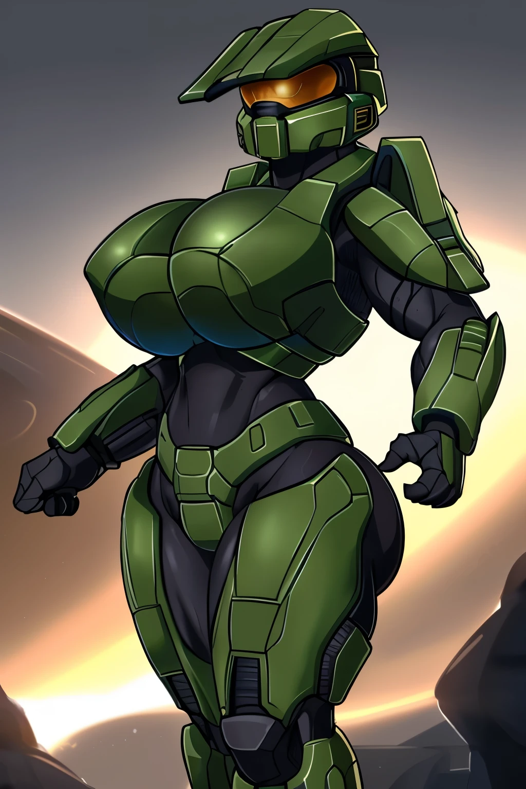 1girl, nsfw, halo the game, masked,fluid art,muscular,strong rim light, moody lighting, by sedo,by zoyu, curvy female spartan halo, curvy body, green armor, tight black body suit, helmet,armor, huge breasts, (showing big ass), massive ass, thick thighs, wide hips,