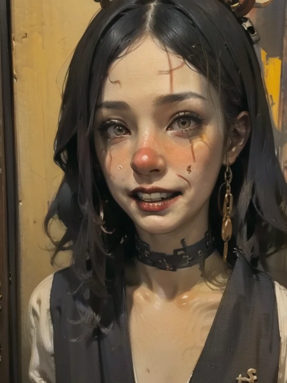 (masterpiece: 1.2, highest quality),((Sunburned skin))、 nightmare, doll-like face, Horror elements 、Unique atmosphere、Colorful devil clown, Japanese painting, creepy appearance, Characteristic hairstyle,(Colorful hair colors)、collar with chain、National costume