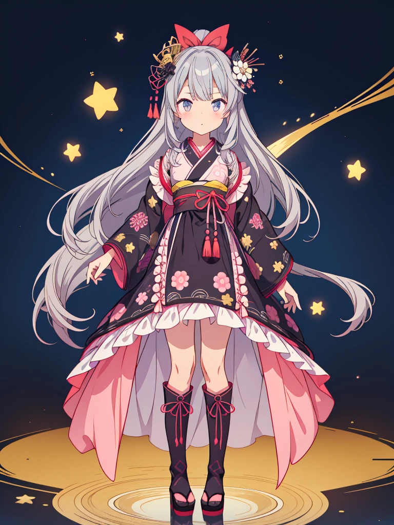 highest quality、８K,handsome face、vtuber-halfbody、A picture of the front straight towards the viewer、Star Fairy、Full body front portrait、front、1girl,highest quality、masterpiece、official art、Super detailed、super beautiful、Cute Star Fairy、Gray hair straight long、Milky Way、universe、star charm、star、baby face、Knee-high boots、Japanese pattern dress、A beautiful girl wearing black and white clothes that are a remake of a yukata.、Oiran frill dress reminiscent of universe、