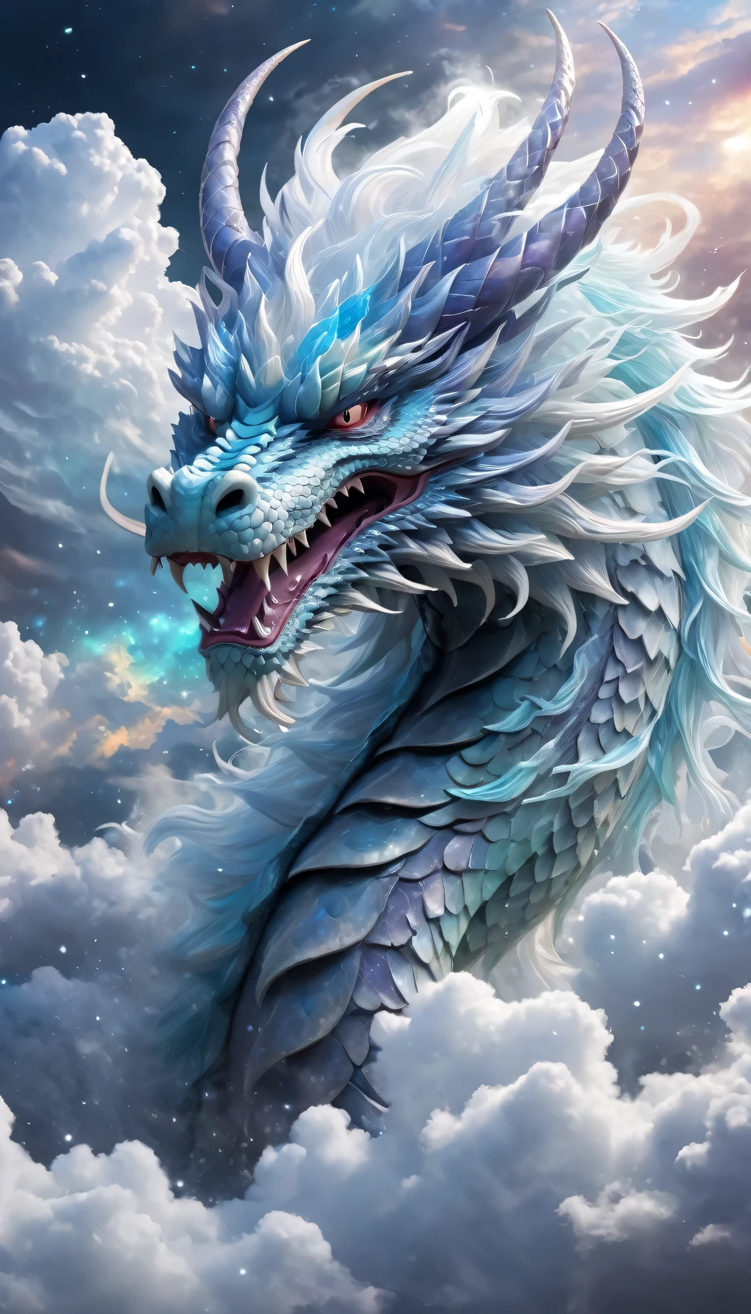 Mythical dragon in the clouds, Translucent textures, fur art, Front facing dragon head, Cosmic Art, Swirl, Anime Aesthetics, Carefully made, Amazing details
