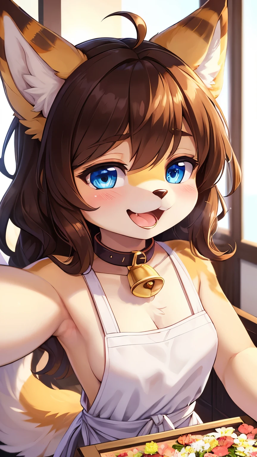 (fluffy anthro furry :1.8),(young :1.6),cat girl,small breasts,blue eyes,dark brown long hair,wavy hair,messy hair,gold body fur,gold fox ears,pubic fur,neck fur,ultra detailed fur,flower hair ornament,small bell collar,naked,armpits fur,armpits close up,soak armpits,wet hair,showering,very hot,raining,plain background,sparkle star background,light and shadow,full face blush,playful face,grin,squinting eyes,heart eyes,selfie