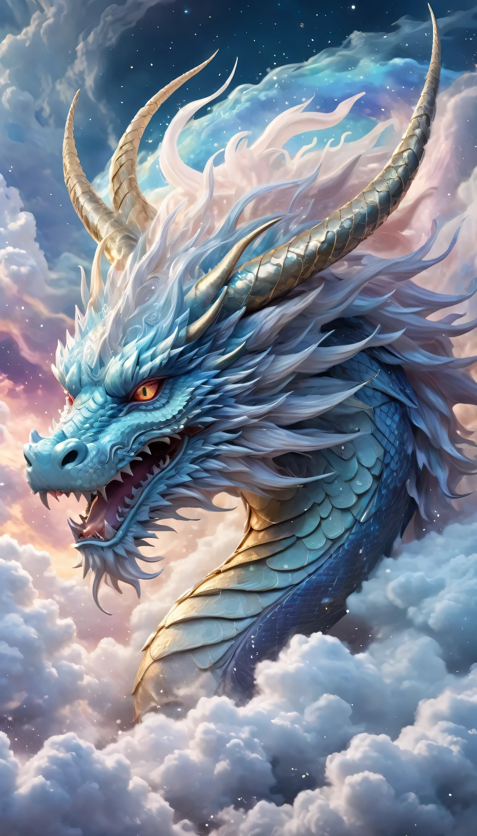 Mythical dragon in the clouds, Translucent textures, fur art, Front facing dragon head, Cosmic Art, Swirl, Anime Aesthetics, Carefully made, Amazing details