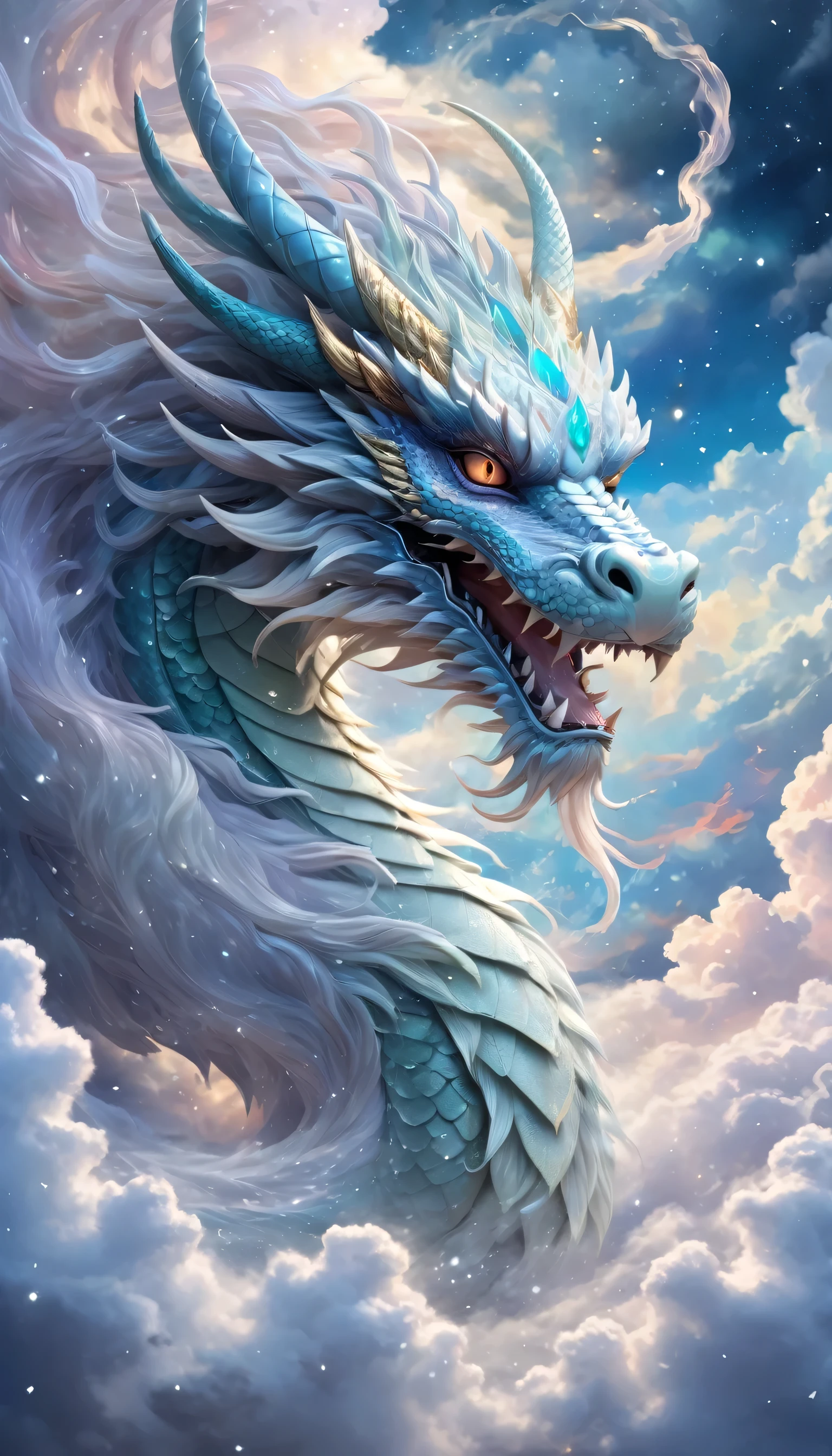 Mythical dragon in the clouds, Translucent textures, fur art, Front facing dragon head, Cosmic Art, Swirl, Anime Aesthetics, Carefully made, Amazing details