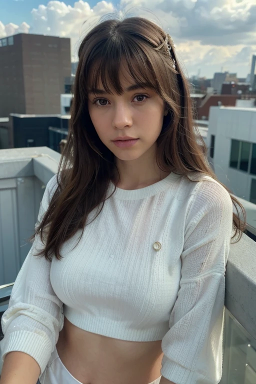 (Solo:1.3)), 1Girl, Best Quality, Realistic, Photorealistic, Best Quality, Masterpiece, Very Delicate and Beautiful, Very Detailed, (Selfie:1.2), Fine Detail, Ultra Detail, High Definition, Very Detailed, Realistic, Ultra High Definition, Best Quality, Ultra High Definition, (Real:1.4), High Quality Texture, Wearing White and Thin Summer Knit, On Rooftop, Bangs, Long Hair , afternoon light, spectacular sky and clouds