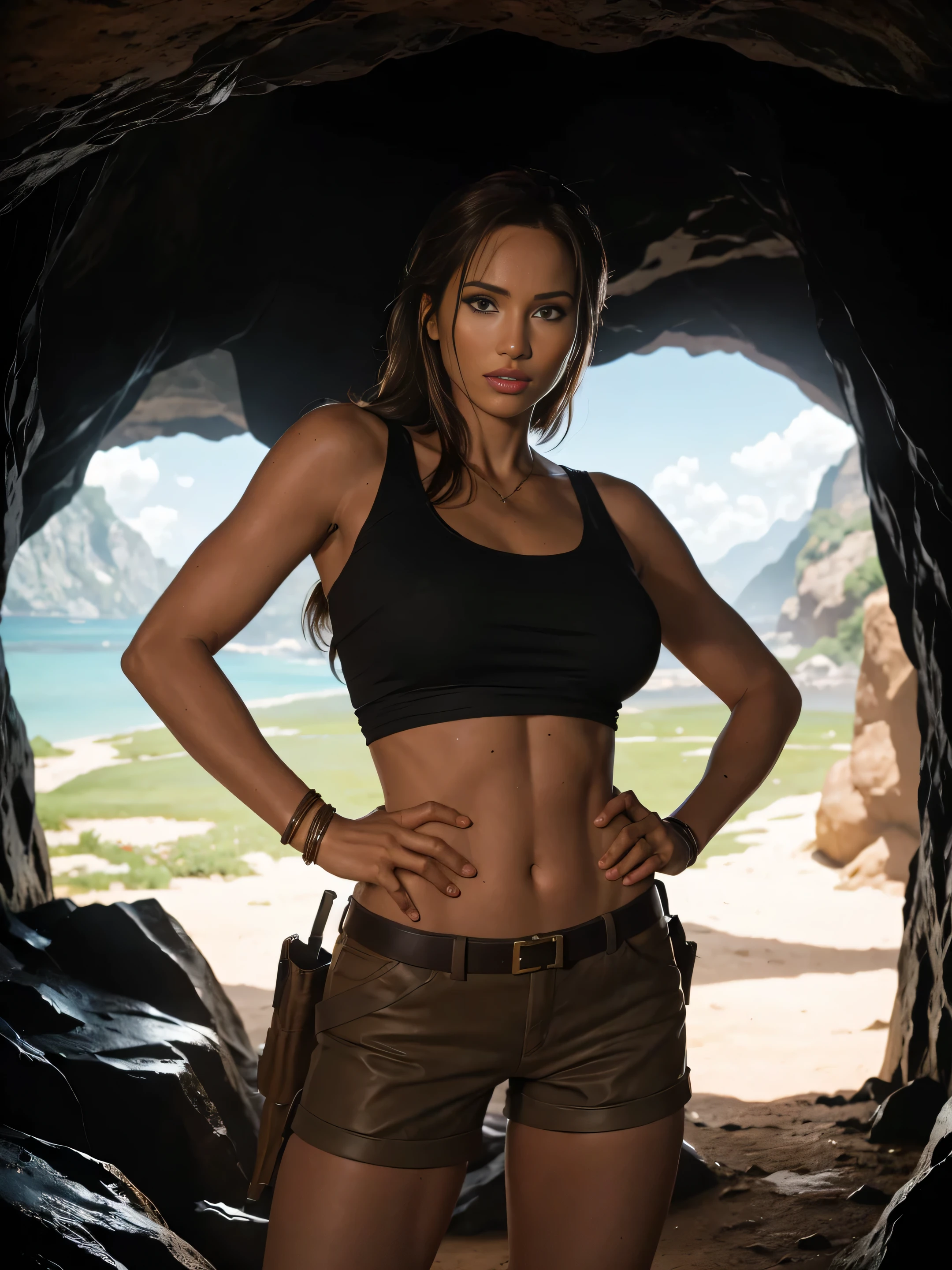 full length sexy beauty Lara Croft, slim, tall, brown long hair, chin, hands on hips, short top, short pants, at the entrance of a primeval cave, photorealistic, cinematic, Sony A7II, 35mm, f1.4 iso 100,