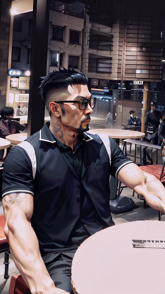yakuza with black three-piece suit and carrying an katana blade, gangster, mafia, city backdrop, realistic, stylish, intricate details, hyperdetailed, cinematic, rim light, danger atmosphere