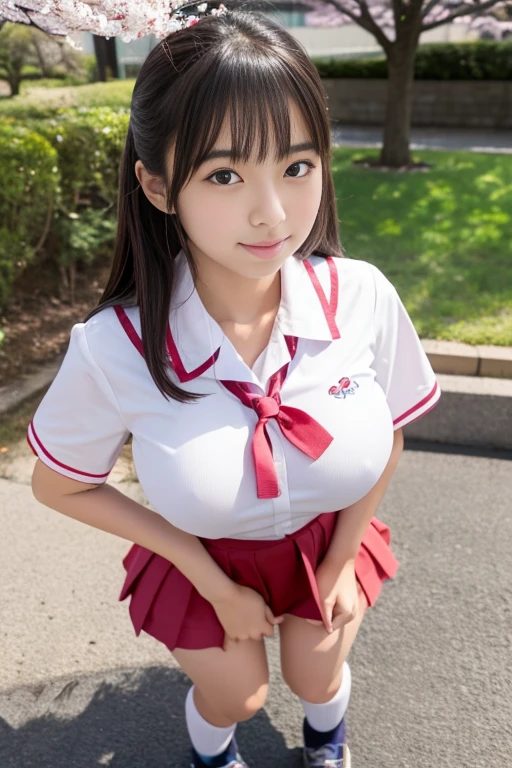 8k,masterpiece,Japanese,-yeld gifrom the front,Innocent face,Real and actual Japanese junior high school uniforms, semi-long,noon,bright,Cherry tree,Very large breasts,Big Breasts,She lifts her skirt to reveal her sexy panties, Taken at the best angle