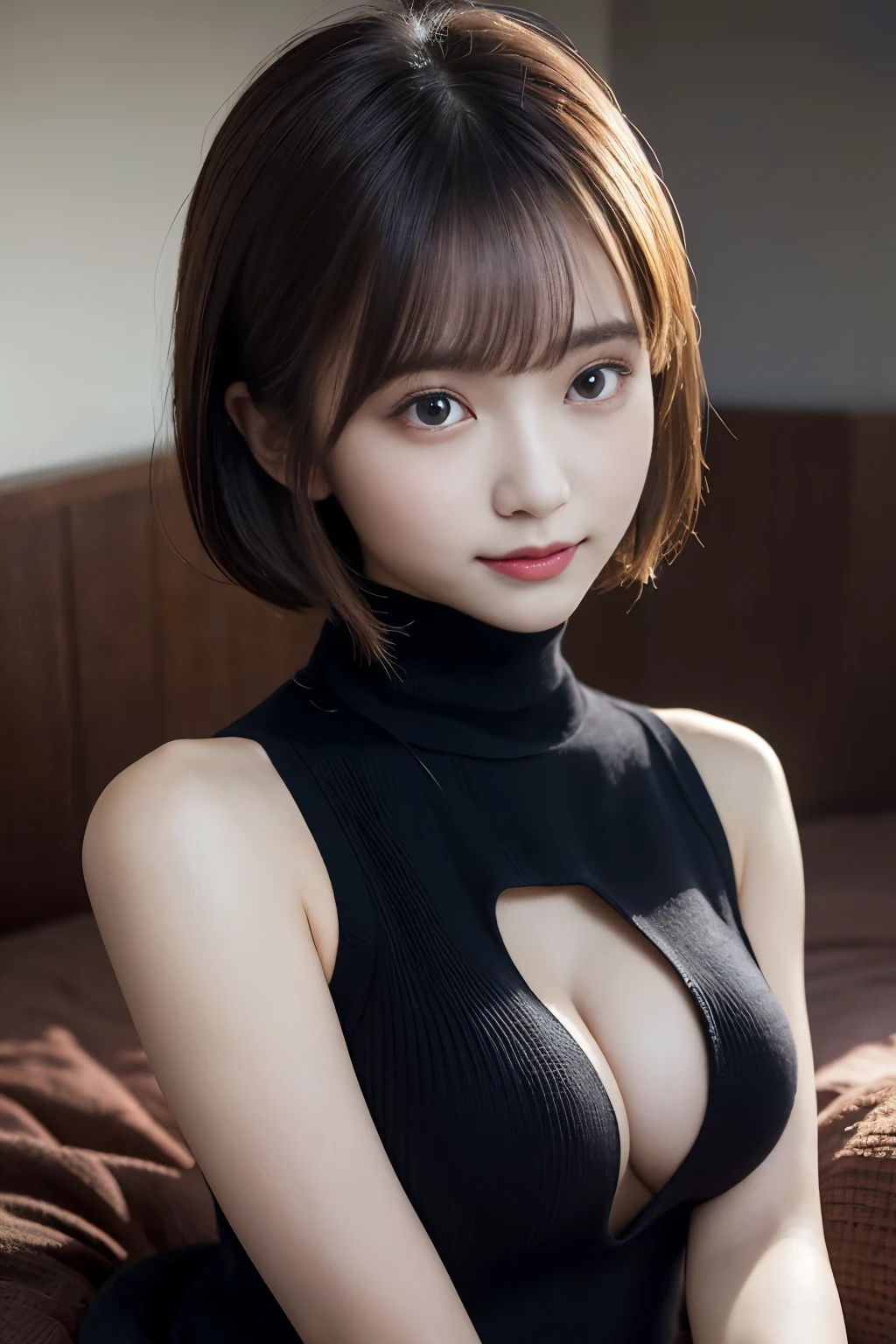 An innocent 20-year-old girl、((Wear a sleeveless turtleneck knit,Dramatic Pose)),smile,shortcut,Bed Background,Beach Background、RAW Photos, (8k、highest quality、masterpiece:1.2)、(Intricate details:1.4)、(Photorealistic:1.4)、Octane Rendering、Complex 3D rendering with ultra-detail, Studio Soft Light, Rim Light, Vivid details, Super Detail, Realistic skin texture, Detailed aspect, Beautiful details in the eyes, Highly detailed CG Unity 16k wallpaper, compensate, (Detailed Background:1.2), Glowing Skin, whole body、From head to thighs、Cleavage,((Sleeping on your back、Angle of view from above)),Black clothes
