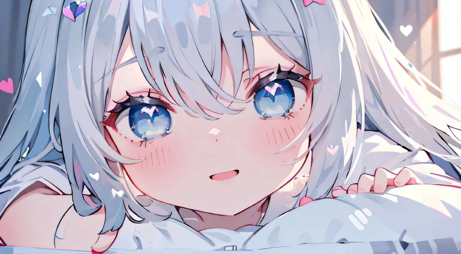 High resolution, 8k, masterpiece, 1 girl, I have long hair、Silver Hairの髪、Long Hair Silver Hair, Water、light、Blue eyes, Silver Hair,Embarrassed look, Embarrassing,Excited,Panties in full view,Sitting on the bed,Blurred Face、Hearts in eyes、baby doll、Lying down、Cosplay、Open your mouth、smile、Close-up、Brat、Ahegao、Naughty face、Iki patience、Horny girl NSFW