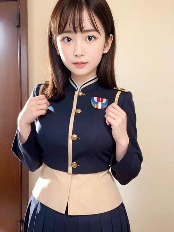 Worshipping for the camera、Navy uniform、Wearing a medal、Japanese women,（whole body）、mini skirt、 Very beautiful face, A lovely and delicate face, Beautiful girls, Beautiful realistic face,  