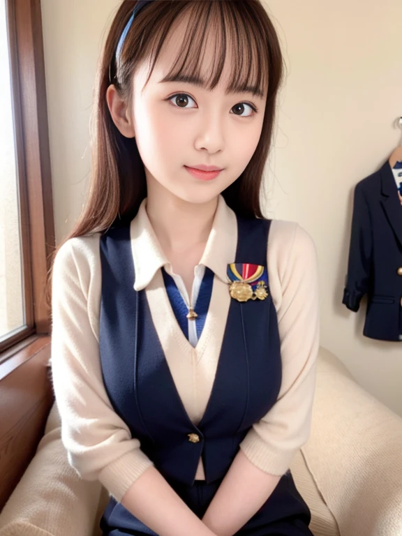 Worshipping for the camera、Navy uniform、Wearing a medal、Japanese women,(whole body)、mini skirt、 Very beautiful face, A lovely and delicate face, Beautiful girls, Beautiful realistic face,
